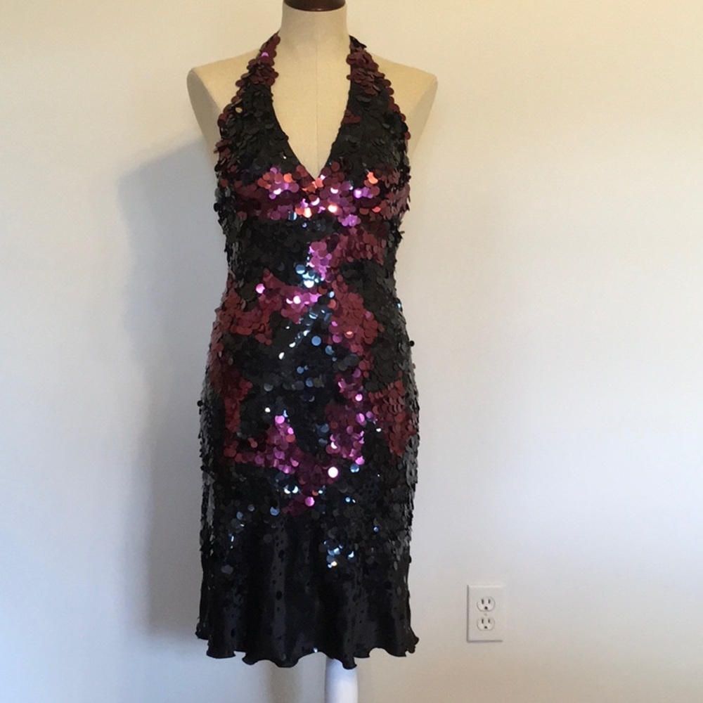 Sequined Halter Mini Dress in Black and Magenta